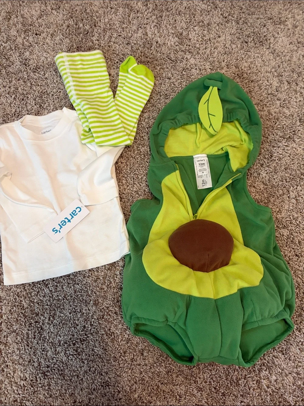 Carter's Green Avocado Hooded Costume with White Tee & Lime Stripe Leg Warmers